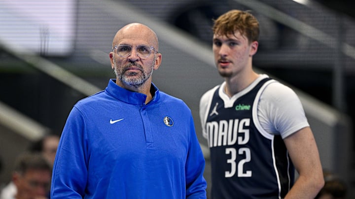 Nov 14, 2025; Dallas, Texas, USA; Dallas Mavericks head coach Jason Kidd and forward Cooper Flagg (32) look on during the second quarter against the LA Clippers in an NBA Cup game at the American Airlines Center. Mandatory Credit: Jerome Miron-Imagn Images