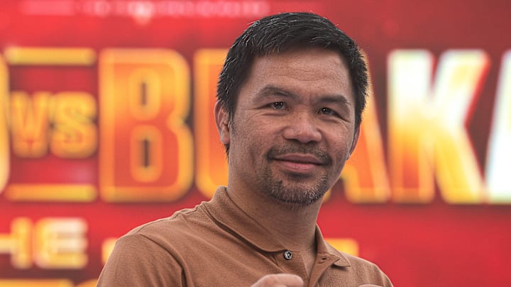 Manny Pacquiao, a Filipino boxer poses for a photo to the media during a press conference on July 20, 2023.