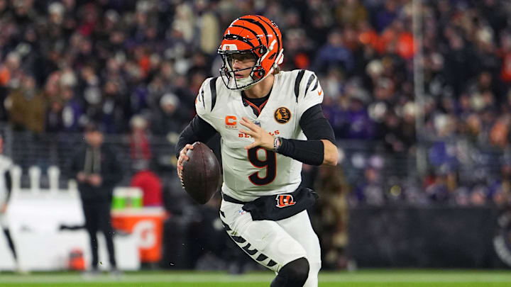 Nov 27, 2025; Baltimore, Maryland, USA; Cincinnati Bengals quarterback Joe Burrow (9) drops back to pass against the Baltimore Ravens during the first half at M&T Bank Stadium.