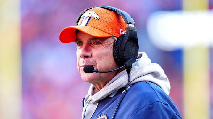 Denver Broncos coach Sean Payton looks on from the sidelines.