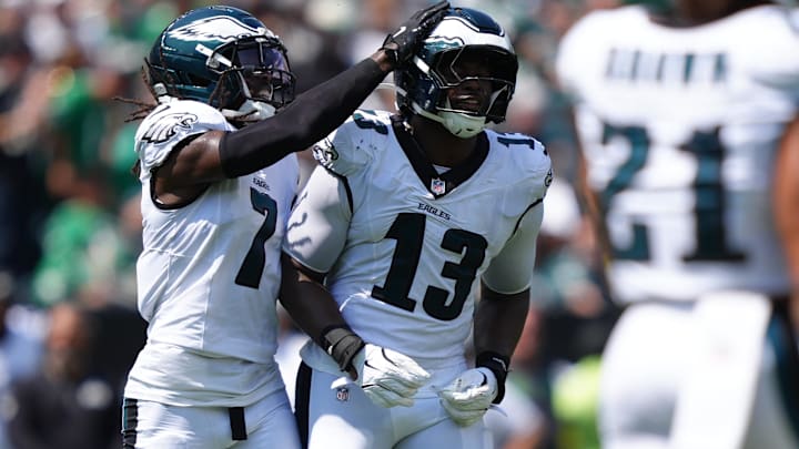 Philadelphia Eagles linebacker Azeez Ojulari (13) reacts after recording a sack against the Cleveland Browns in the first half at Lincoln Financial Field.