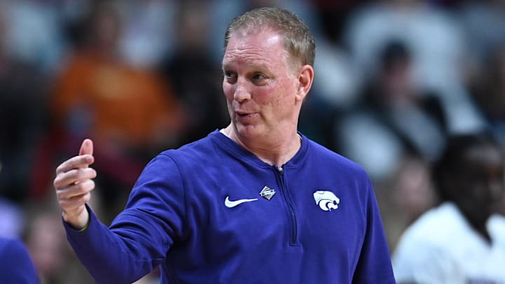 Kansas State Wildcats coach Jeff Mittie looks on against the USC Trojans during the second half of a Sweet 16 NCAA Tournament basketball game at Spokane Arena.