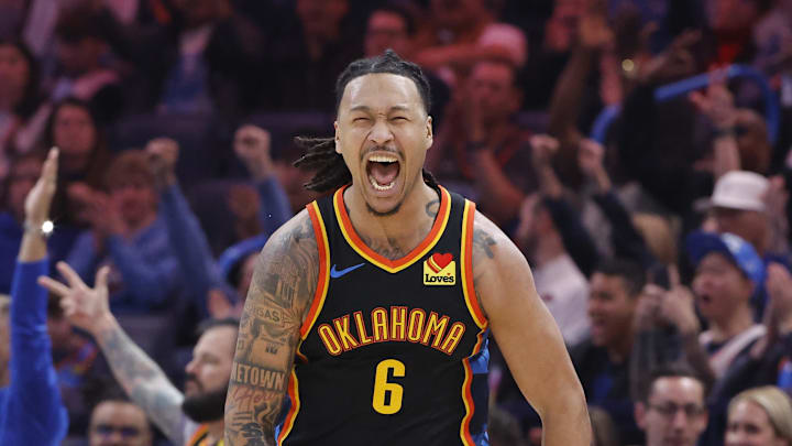 Mar 9, 2025; Oklahoma City, Oklahoma, USA; Oklahoma City Thunder forward Jaylin Williams (6) celebrates after scoring against the Denver Nuggets during the second quarter at Paycom Center. Mandatory Credit: Alonzo Adams-Imagn Images