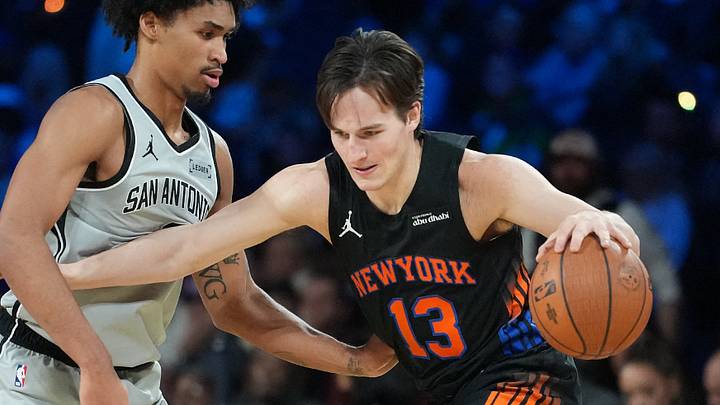 New York Knicks guard Tyler Kolek (13) dribbles the ball against the San Antonio Spurs during the Emirates NBA Cup Final at T-Mobile Arena. Mandatory Credit: Kirby Lee-Imagn Images New York Knicks guard Tyler Kolek (13) dribbles the ball against the San Antonio Spurs during the Emirates NBA Cup Final at T-Mobile Arena. Mandatory Credit: Kirby Lee-Imagn Images