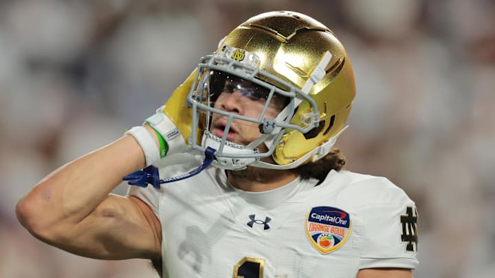 Jan 9, 2025; Miami, FL, USA; Notre Dame Fighting Irish wide receiver Jaden Greathouse (1) celebrates a touch down the second half against the Penn State Nittany Lions in the Orange Bowl at Hard Rock Stadium. 