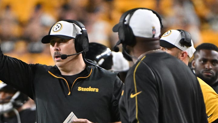 Aug 17, 2024; Pittsburgh, Pennsylvania, USA;  Pittsburgh Steelers offensive coordinator Arthur Smith reacts against the Buffalo Bills during the fourth quarter at Acrisure Stadium. Mandatory Credit: Barry Reeger-Imagn Images