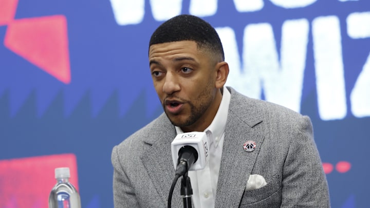 Jan 9, 2026; Washington, District of Columbia, USA; Washington Wizards general manager Will Dawkins  introduces newly acquired Wizards guard Trae Young (not pictured) at a press conference prior to the Wizards' game against the New Orleans Pelicans at Capital One Arena. Mandatory Credit: Geoff Burke-Imagn Images