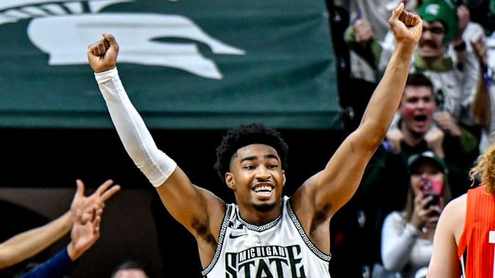 Michigan State's Jaden Akins, center, celebrates after Illinois' last shot was no good during the second half on Sunday, Jan. 19, 2025, at the Breslin Center in East Lansing. Michigan State's Jaden Akins, center, celebrates after Illinois' last shot was no good during the second half on Sunday, Jan. 19, 2025, at the Breslin Center in East Lansing.