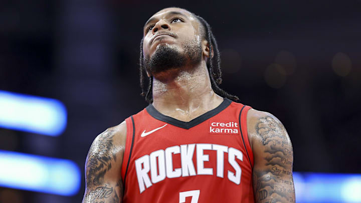 Mar 6, 2024; Houston, Texas, USA; Houston Rockets forward Cam Whitmore (7) reacts after a play during the fourth quarter against the Los Angeles Clippers at Toyota Center. Mandatory Credit: Troy Taormina-Imagn Images