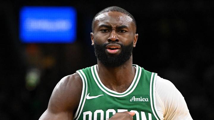 Dec 2, 2025; Boston, Massachusetts, USA; Boston Celtics guard Jaylen Brown (7) reacts after scoring against the New York Knicks during the second half at the TD Garden. Mandatory Credit: Brian Fluharty-Imagn Images
