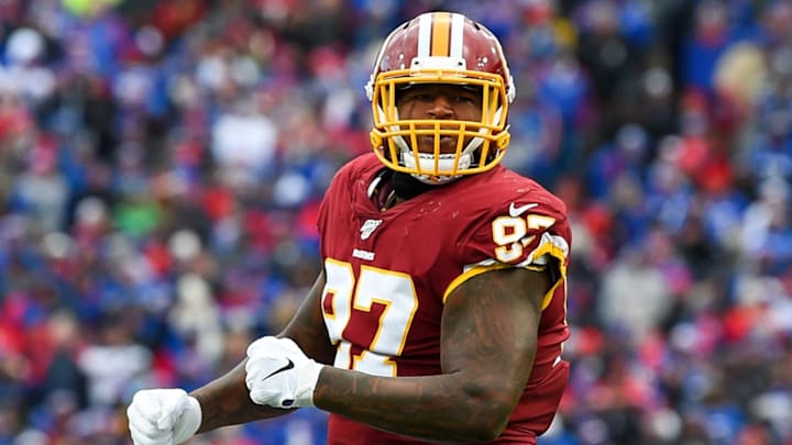 Nov 3, 2019; Orchard Park, NY, USA; Washington Redskins defensive tackle Tim Settle (97) reacts to a defensive play against the Buffalo Bills during the second quarter at New Era Field. Mandatory Credit: Rich Barnes-Imagn Images