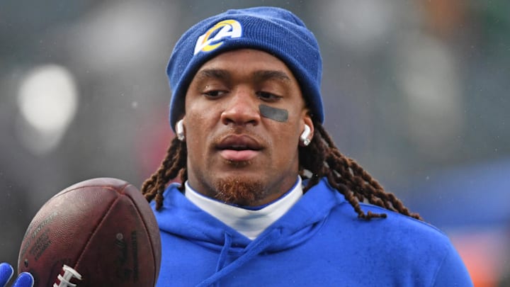 Jan 19, 2025; Philadelphia, Pennsylvania, USA; Los Angeles Rams wide receiver Demarcus Robinson (15) during warmups against the Philadelphia Eagles in a 2025 NFC divisional round game at Lincoln Financial Field. Mandatory Credit: Eric Hartline-Imagn Images