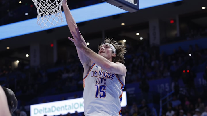 Apr 12, 2026; Oklahoma City, Oklahoma, USA; Oklahoma City Thunder center Branden Carlson (15) goes up for a basket against the Phoenix Suns during the second half at Paycom Center. Mandatory Credit: Alonzo Adams-Imagn Images