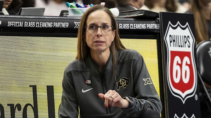 Mar 7, 2026; Kansas City, MO, USA;  Colorado Buffaloes head coach Jr. Payne watches the run of play against the West Virginia Mountaineers during the first half at T-Mobile Center. Mandatory Credit: Nick Tre. Smith-Imagn Images