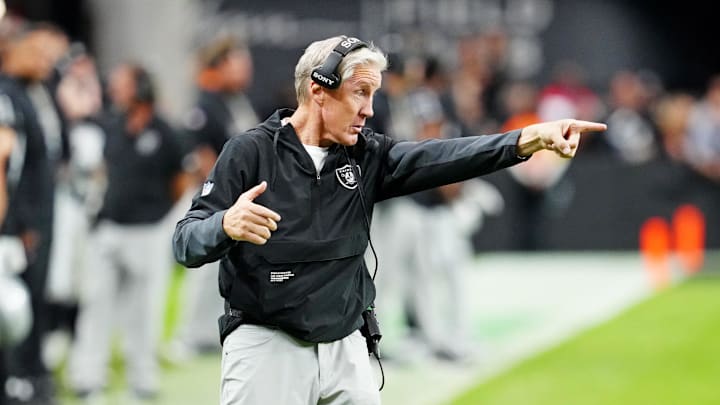Oct 12, 2025; Paradise, Nevada, USA; Las Vegas Raiders head coach Pete Carroll reacts on the sidelines during the second half against the Tennessee Titans at Allegiant Stadium. Mandatory Credit: Stephen R. Sylvanie-Imagn Images