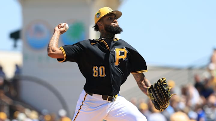 Mar 21, 2026; Bradenton, Florida, USA; Pittsburgh Pirates pitcher Dennis Santana (60) throws a pitch during the fifth inning against the Toronto Blue Jays at LECOM Park. Mandatory Credit: Kim Klement Neitzel-Imagn Images