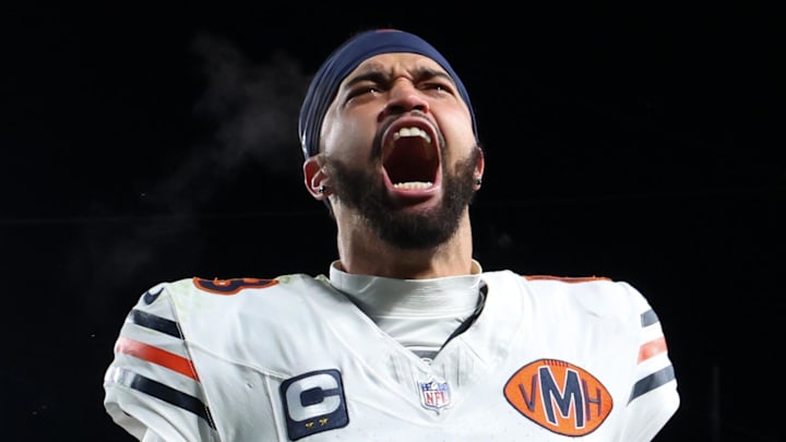 Nov 28, 2025; Philadelphia, Pennsylvania, USA; Chicago Bears quarterback Caleb Williams (18) celebrates after the game against the Philadelphia Eagles at Lincoln Financial Field. Mandatory Credit: Bill Streicher-Imagn Images