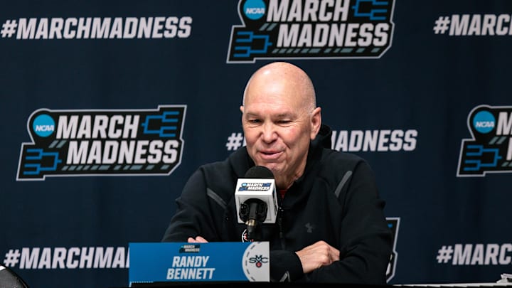 Mar 18, 2026; Oklahoma City, OK, USA; Saint Mary's Gaels head coach Randy Bennett gives an interview prior to a practice session ahead of the first round of the men's 2026 NCAA Tournament at Paycom Center. Mandatory Credit: William Purnell-Imagn Images