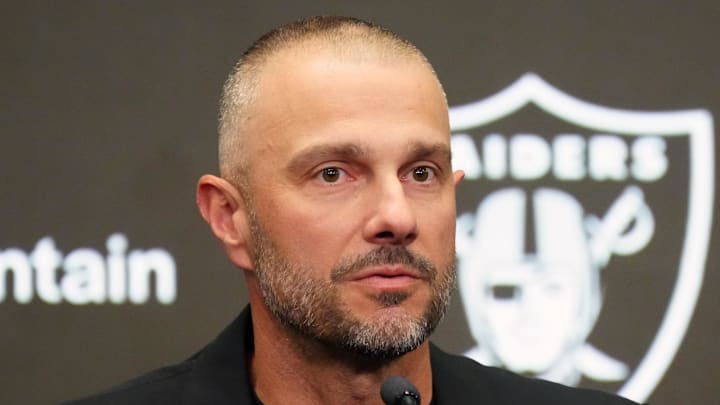 Feb 10, 2026; Henderson, NV, USA;  Las Vegas Raiders general manager John Spytek at press conference at Intermountain Health Performance Center. Mandatory Credit: Kirby Lee-Imagn Images