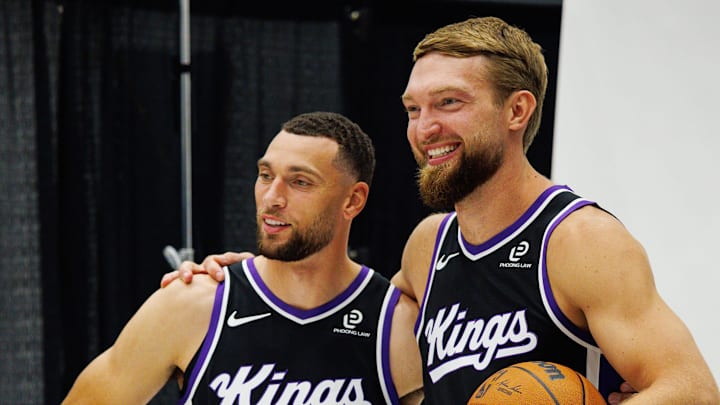 Sep 29, 2025; Sacramento, CA, USA; Sacramento Kings guard Zach LaVine (8) and forward Domantas Sabonis (11) pose for a photo during media day at Golden 1 Center. Sep 29, 2025; Sacramento, CA, USA; Sacramento Kings guard Zach LaVine (8) and forward Domantas Sabonis (11) pose for a photo during media day at Golden 1 Center.