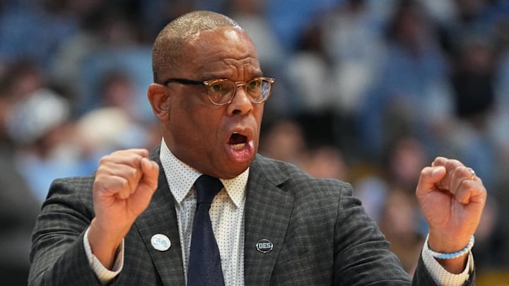 Feb 14, 2026; Chapel Hill, North Carolina, USA; North Carolina Tar Heels head coach Hubert Davis reacts in the first half at Dean E. Smith Center. Mandatory Credit: Bob Donnan-Imagn Images