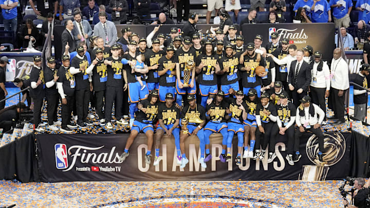 Jun 22, 2025; Oklahoma City, Oklahoma, USA; The Oklahoma City Thunder celebrate after winning game seven of the 2025 NBA Finals against the Indiana Pacers at Paycom Center. Mandatory Credit: Kyle Terada-Imagn Images