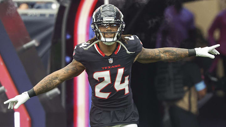 Oct 27, 2024; Houston, Texas, USA; Houston Texans cornerback Derek Stingley Jr. (24) runs onto the field before the game against the Indianapolis Colts at NRG Stadium. Mandatory Credit: Troy Taormina-Imagn Images