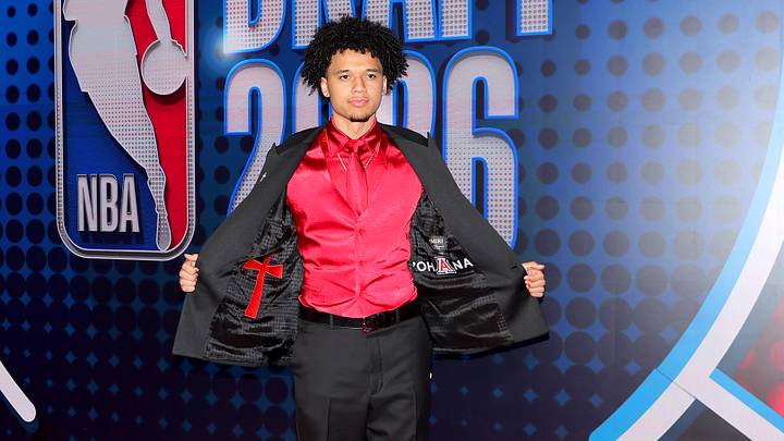 Jun 23, 2026; New York, NY, USA; Draft prospect Brayden Burries poses for photos on the red carpet before the 2026 NBA draft at Barclays Center. Mandatory Credit: Brad Penner-Imagn Images