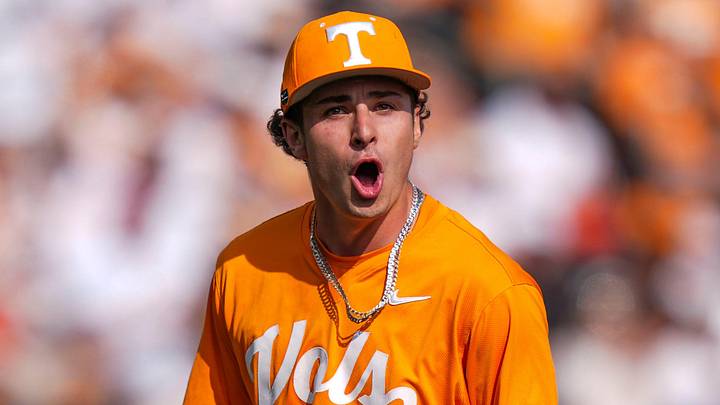Tennessee pitcher Tegan Kuhns (21) yells in excitement after a strikeout during a NCAA baseball game between Tennessee and Ole Miss at Lindsey Nelson Stadium on April 18, 2026. Tennessee pitcher Tegan Kuhns (21) yells in excitement after a strikeout during a NCAA baseball game between Tennessee and Ole Miss at Lindsey Nelson Stadium on April 18, 2026.