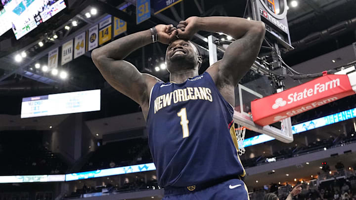 Feb 4, 2026; Milwaukee, Wisconsin, USA;  New Orleans Pelicans forward Zion Williamson (1) reacts to a call during overtime against the Milwaukee Bucks at Fiserv Forum. Mandatory Credit: Jeff Hanisch-Imagn Images
