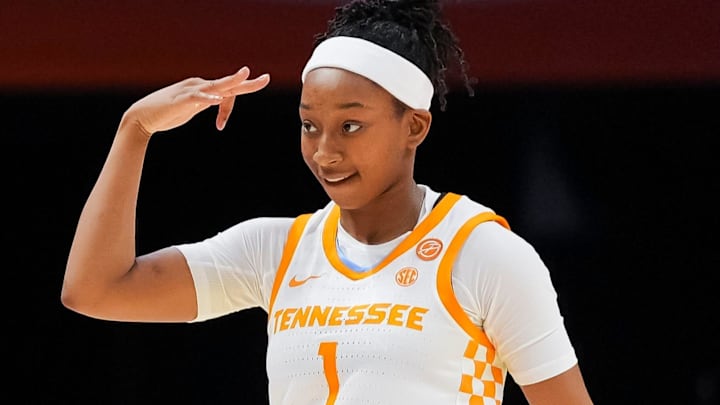 Tennessee guard Nya Robertson (1) celebrates after making a 3-pointer during a women's college basketball game between the Lady Vols and Coppin State held at Thompson-Boling Arena at Food City Center in Knoxville, Tenn., on Nov. 23, 2025.