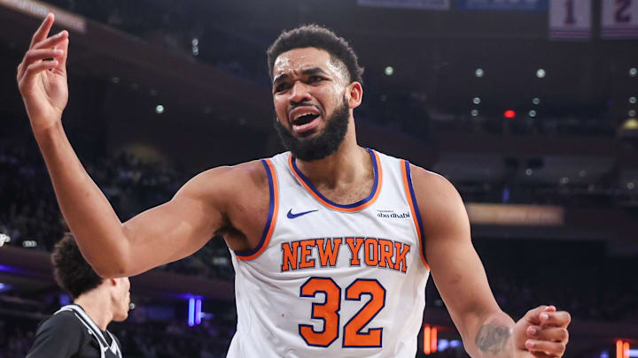Jan 21, 2026; New York, New York, USA;  New York Knicks center Karl-Anthony Towns (32) reacts after a no-call in the second quarter against the Brooklyn Nets at Madison Square Garden. Mandatory Credit: Wendell Cruz-Imagn Images