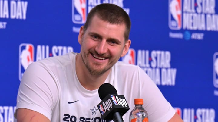 Feb 14, 2026; Los Angeles, CA, USA; Team World center Nikola Jokic (15) of the Denver Nuggets during a news conference for the NBA All Star game at Intuit Dome. Mandatory Credit: Jayne Kamin-Oncea-Imagn Images