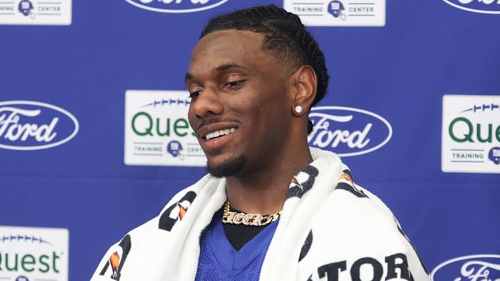 Jul 23, 2025; East Rutherford, NJ, USA; New York Giants wide receiver Malik Nabers (1) talks with media during training camp at Quest Diagnostics Training Center. Jul 23, 2025; East Rutherford, NJ, USA; New York Giants wide receiver Malik Nabers (1) talks with media during training camp at Quest Diagnostics Training Center.