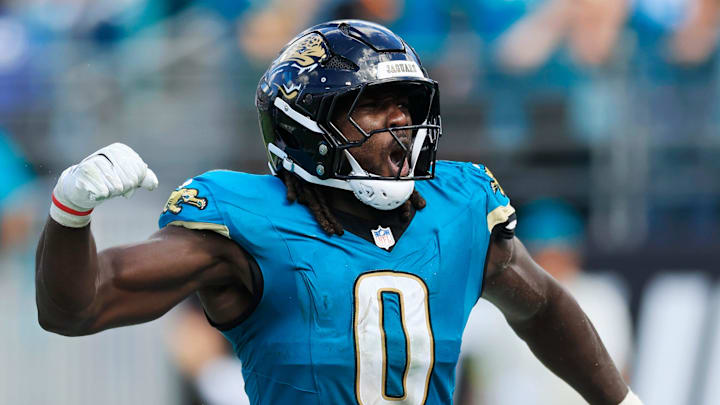 Jacksonville Jaguars linebacker Devin Lloyd (0) reacts to his fumble recovery during the fourth quarter of an NFL football matchup at EverBank Stadium, Sunday, Sept. 21, 2025, in Jacksonville, Fla. The Jaguars defeated the Texans 17-10. Jacksonville Jaguars linebacker Devin Lloyd (0) reacts to his fumble recovery during the fourth quarter of an NFL football matchup at EverBank Stadium, Sunday, Sept. 21, 2025, in Jacksonville, Fla. The Jaguars defeated the Texans 17-10.
