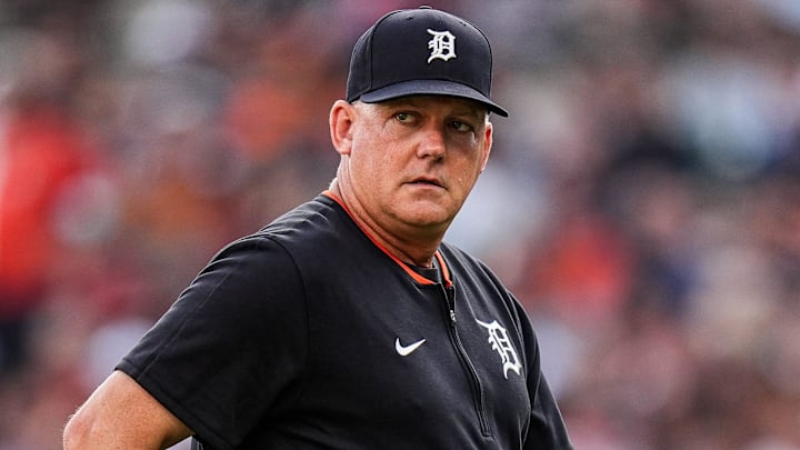 Detroit Tigers manager A.J. Hinch (14) walks off the field after a pitching change against the Arizona Diamondbacks during the second inning at Comerica Park in Detroit on Tuesday, July 29, 2025.