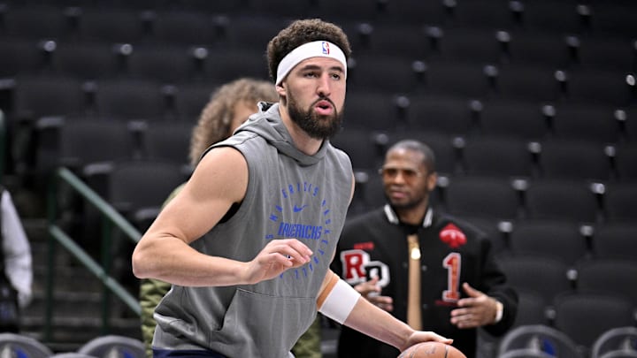 Jan 9, 2025; Dallas, Texas, USA; Dallas Dallas Mavericks guard Klay Thompson (31) warms up before the game against the Portland Trail Blazers at the American Airlines Center. Mandatory Credit: Jerome Miron-Imagn Images