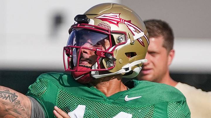 The Florida State Seminole Ashton Daniels (14) puts in work on the field with the first home game just a few weeks away, Thursday, Aug. 13, 2026. The Florida State Seminole Ashton Daniels (14) puts in work on the field with the first home game just a few weeks away, Thursday, Aug. 13, 2026.