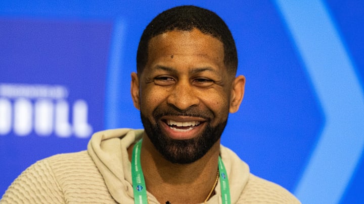 Feb 27, 2024; Indianapolis, IN, USA; Cleveland Browns  Executive Vice President of Football Operations and General Manager Andrew Berry talks to the media at the 2024 NFL Combine at Indiana Convention Center. Mandatory Credit: Trevor Ruszkowski-Imagn Images