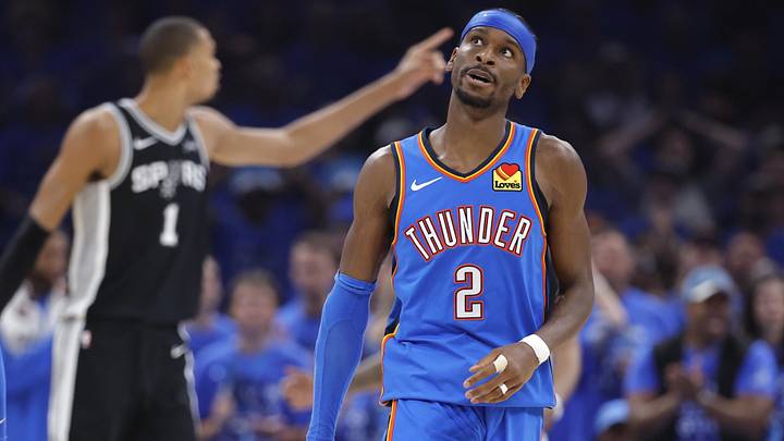 May 30, 2026; Oklahoma City, Oklahoma, USA; Oklahoma City Thunder guard Shai Gilgeous-Alexander (2) reacts in the second quarter against the San Antonio Spurs during game seven of the western conference finals for the 2026 NBA playoffs at Paycom Center. Mandatory Credit: Alonzo Adams-Imagn Images