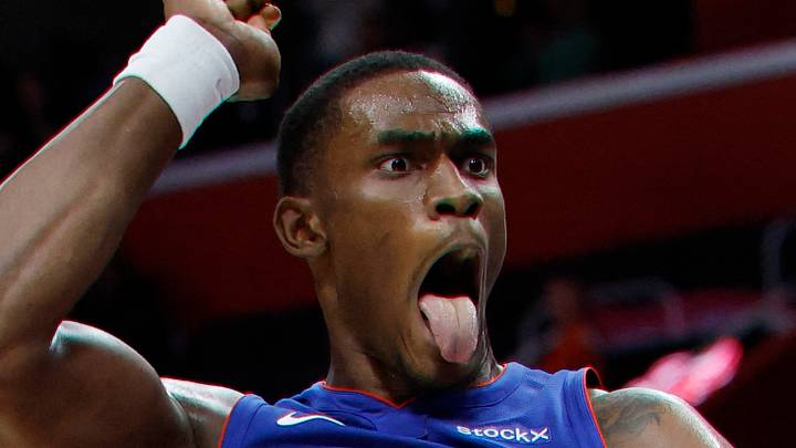 Jan 3, 2025; Detroit, Michigan, USA;  Detroit Pistons center Jalen Duren (0) celebrates after a dunk in the second half against the Charlotte Hornets at Little Caesars Arena. Mandatory Credit: Rick Osentoski-Imagn Images