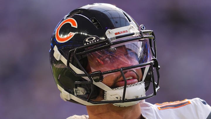 Nov 16, 2025; Minneapolis, Minnesota, USA;  Chicago Bears quarterback Caleb Williams (18) warms up before a game against the Minnesota Vikings at U.S. Bank Stadium. Mandatory Credit: Brad Rempel-Imagn Images