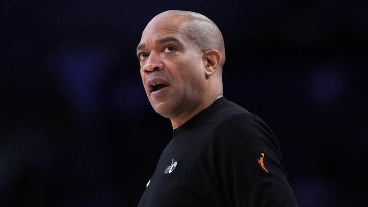 Los Angeles, California, USA; Washington Mystics head coach Sydney Johnson reacts in the second half against the LA Sparks at the Crypto.com Arena on August 28, 2026.
