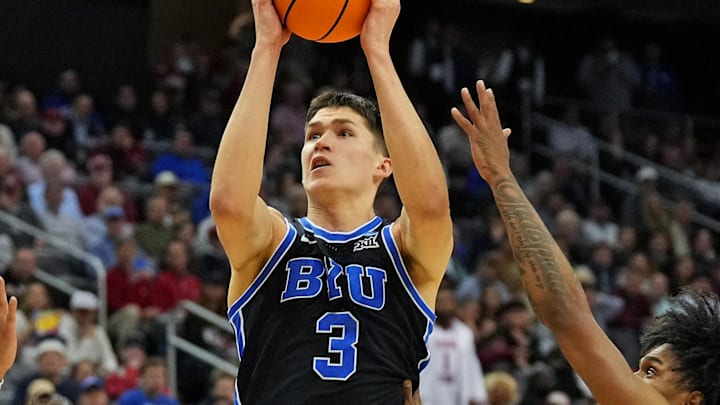 Mar 27, 2025; Newark, NJ, USA; Brigham Young Cougars guard Egor Demin (3) drives to the basket against Alabama Crimson Tide guard Mark Sears (1) during the second half during an East Regional semifinal of the 2025 NCAA tournament at Prudential Center. Mandatory Credit: Robert Deutsch-Imagn Images