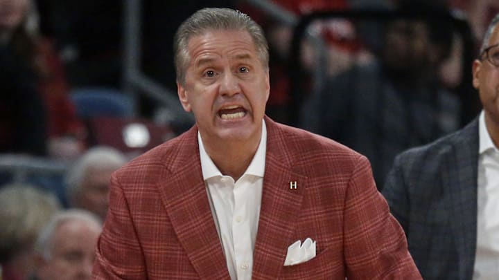 Arkansas Razorbacks coach John Calipari reacts during the first half against the Mississippi State Bulldogs at Humphrey Coliseum in Starkville, Miss.
