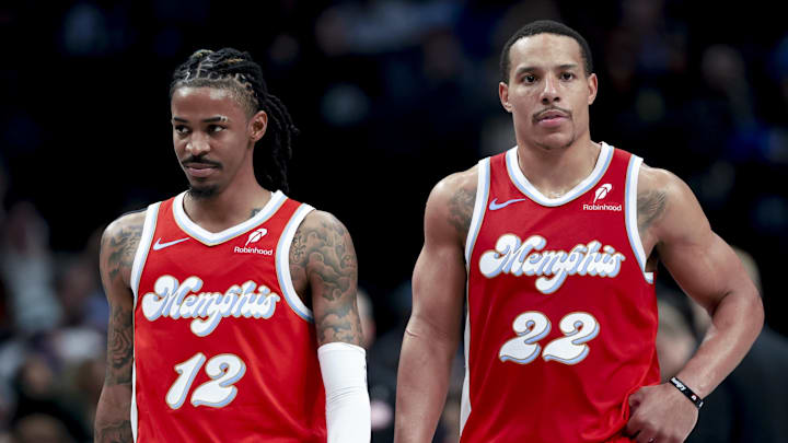 Mar 7, 2025; Dallas, Texas, USA; Memphis Grizzlies guard Ja Morant (12) and Memphis Grizzlies guard Desmond Bane (22) against the Dallas Mavericks during the second half at American Airlines Center. Mandatory Credit: Kevin Jairaj-Imagn Images Mar 7, 2025; Dallas, Texas, USA; Memphis Grizzlies guard Ja Morant (12) and Memphis Grizzlies guard Desmond Bane (22) against the Dallas Mavericks during the second half at American Airlines Center. Mandatory Credit: Kevin Jairaj-Imagn Images