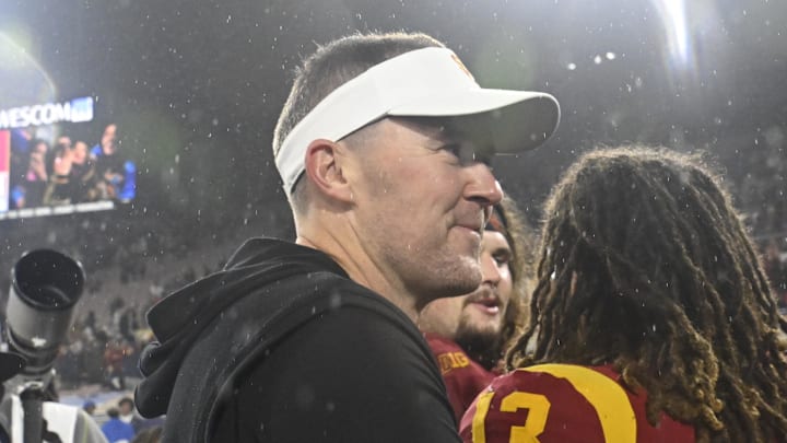 Nov 23, 2024; Pasadena, California, USA; USC Trojans head coach Lincoln Riley smiles after Trojans defeat the UCLA Bruins at Rose Bowl. Mandatory Credit: Robert Hanashiro-Imagn Images