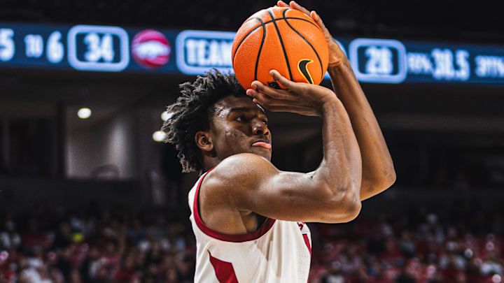 Arkansas Razorbacks' Adou Thiero rises for a shot against Lipscomb. The Razorbacks won 76-60. Arkansas Razorbacks' Adou Thiero rises for a shot against Lipscomb. The Razorbacks won 76-60.