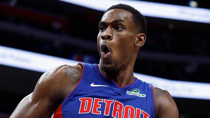 Feb 2, 2025; Detroit, Michigan, USA; Detroit Pistons center Jalen Duren (0) celebrates after he dunks in the second half against the Chicago Bulls at Little Caesars Arena. Mandatory Credit: Rick Osentoski-Imagn Images