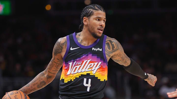 Jan 23, 2026; Atlanta, Georgia, USA; Phoenix Suns guard Jalen Green (4) dribbles against the Atlanta Hawks in the first quarter at State Farm Arena. Mandatory Credit: Brett Davis-Imagn Images
